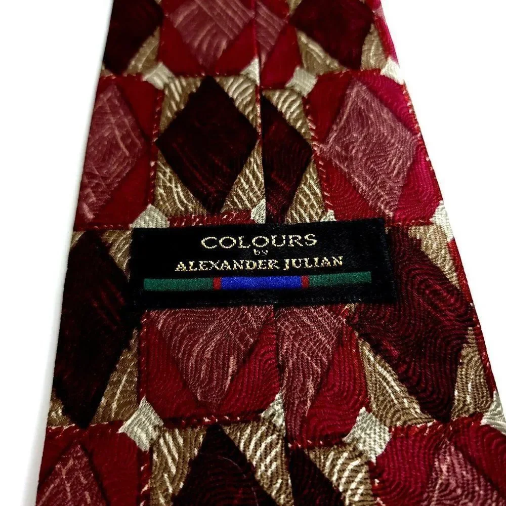 Alexander Julian Colours Red Geometric Woven Abstract‎ Short Wide Silk Tie